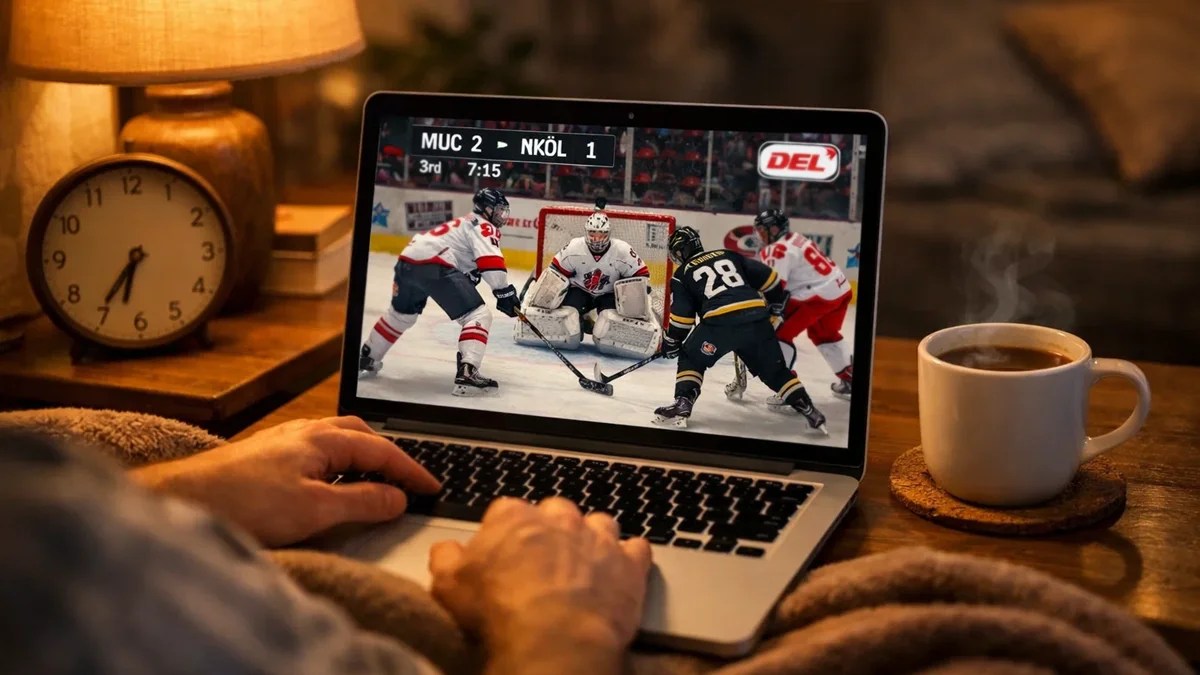 Gemütliche Szene mit Person die ein DEL-Spiel am Abend auf dem Laptop verfolgt