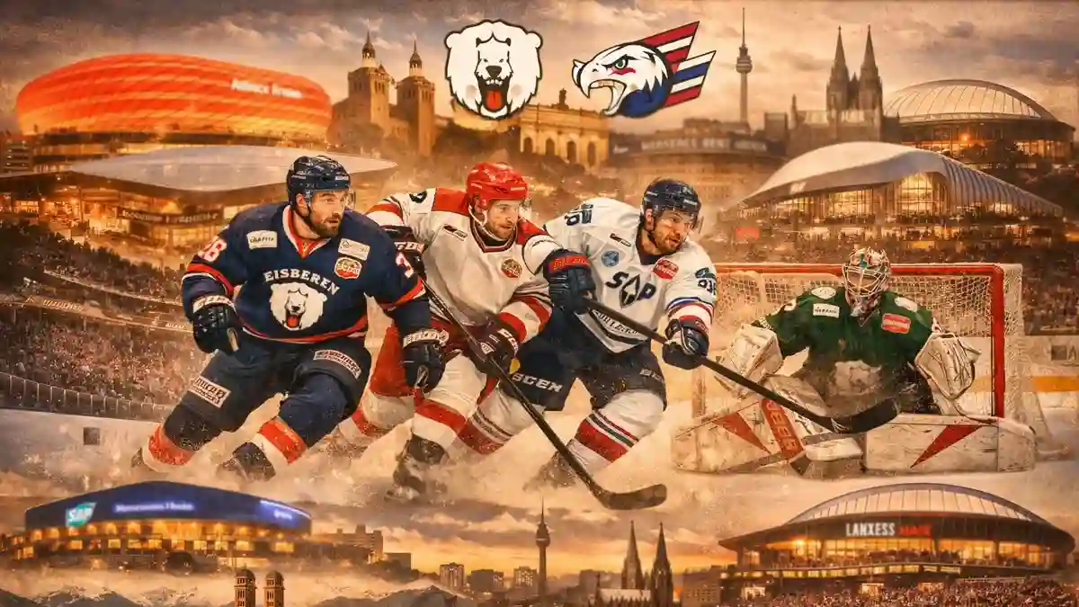 Collage verschiedener deutscher Eishockey-Arenen und Mannschaften der DEL