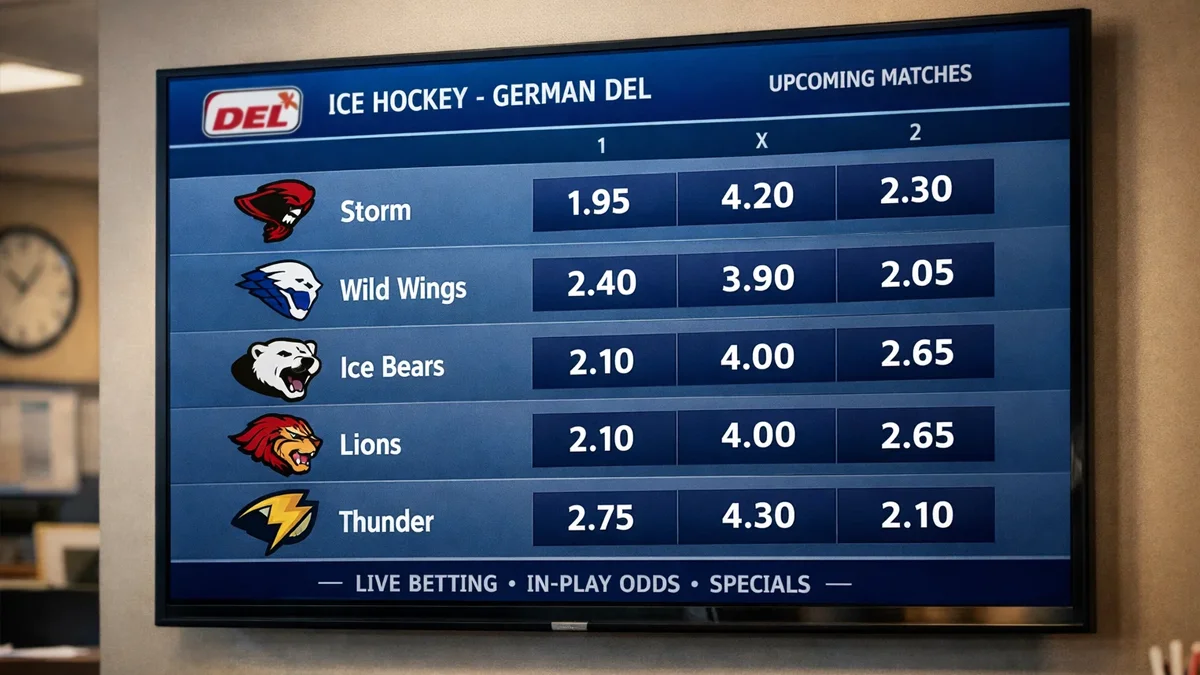 Modernes Sportwetten-Display mit DEL-Spielpaarungen und Quoten
