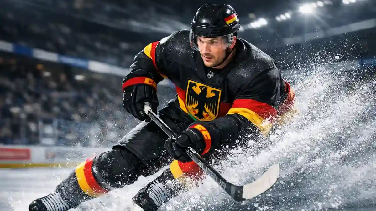 Professioneller Eishockeyspieler mit deutschem Bezug während eines NHL-Spiels in Aktion