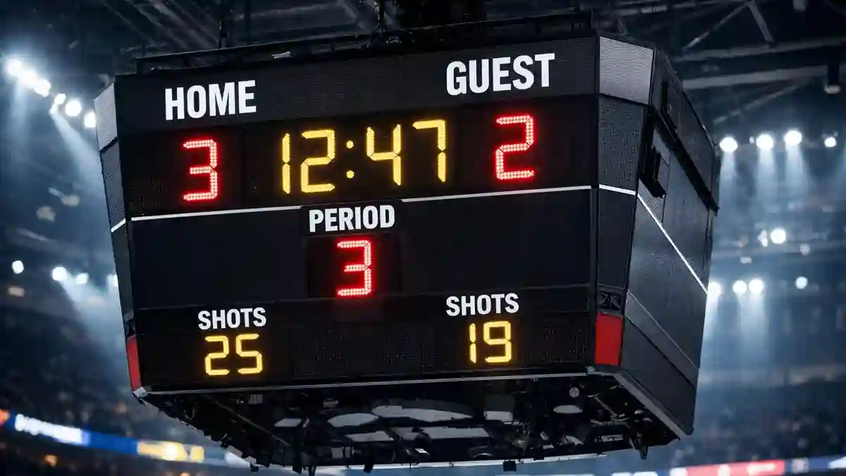 Eishockey-Arena mit Anzeige der Spielzeit und des Drittels