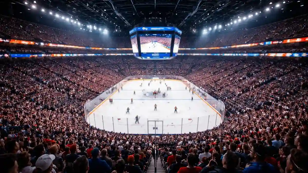 Vollbesetzte Eishockey-Arena während eines Spielabends mit Tausenden von Fans