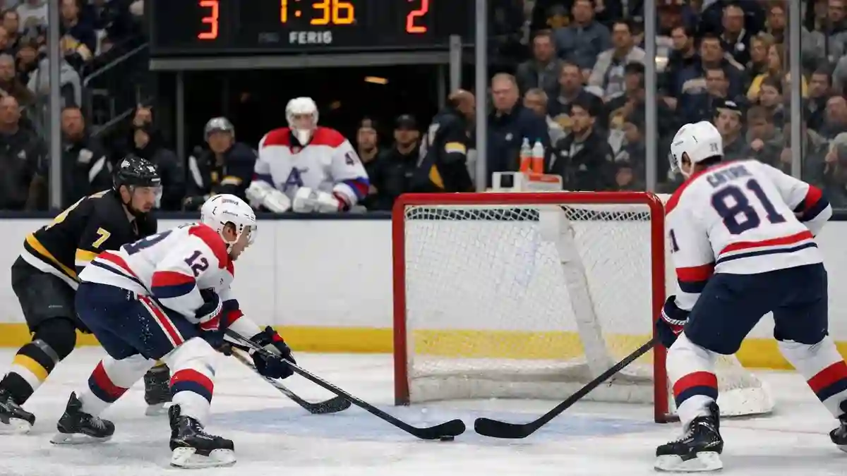 Eishockey-Spielszene mit leerem Tor in den Schlussminuten eines Spiels