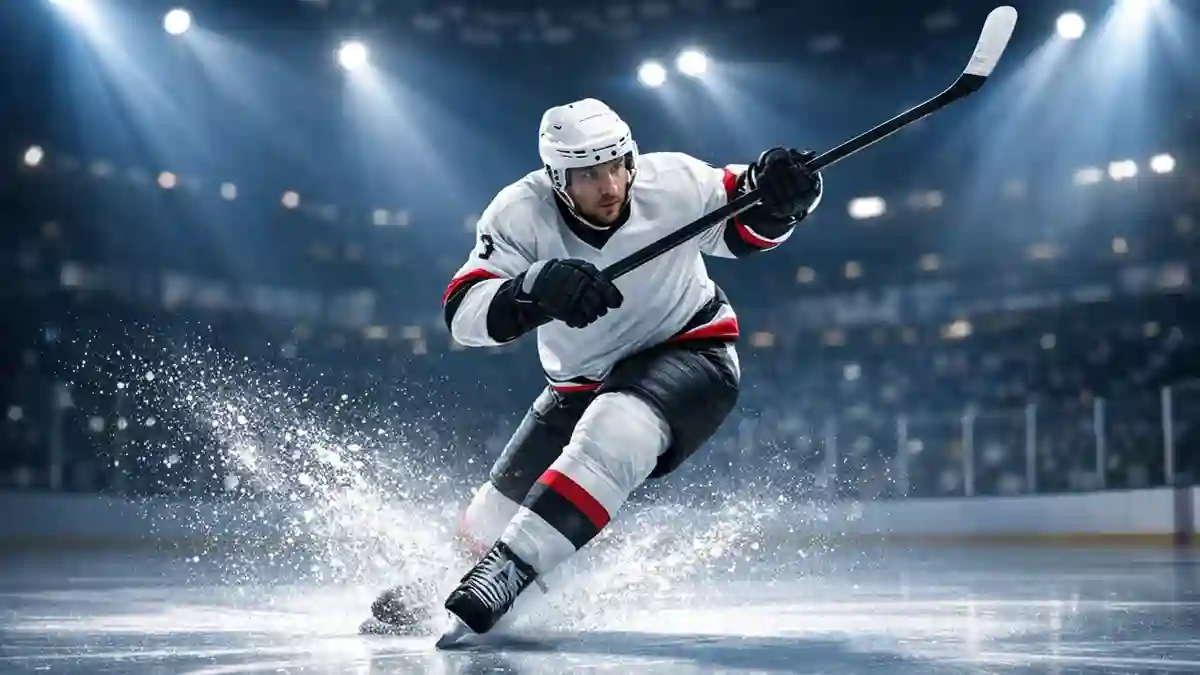 Eishockeyspieler in dynamischer Aktion auf dem Eis mit dramatischer Arena-Beleuchtung
