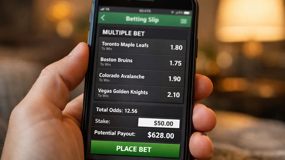 Digitaler Wettschein mit mehreren kombinierten Eishockey-Tipps auf einem Smartphone