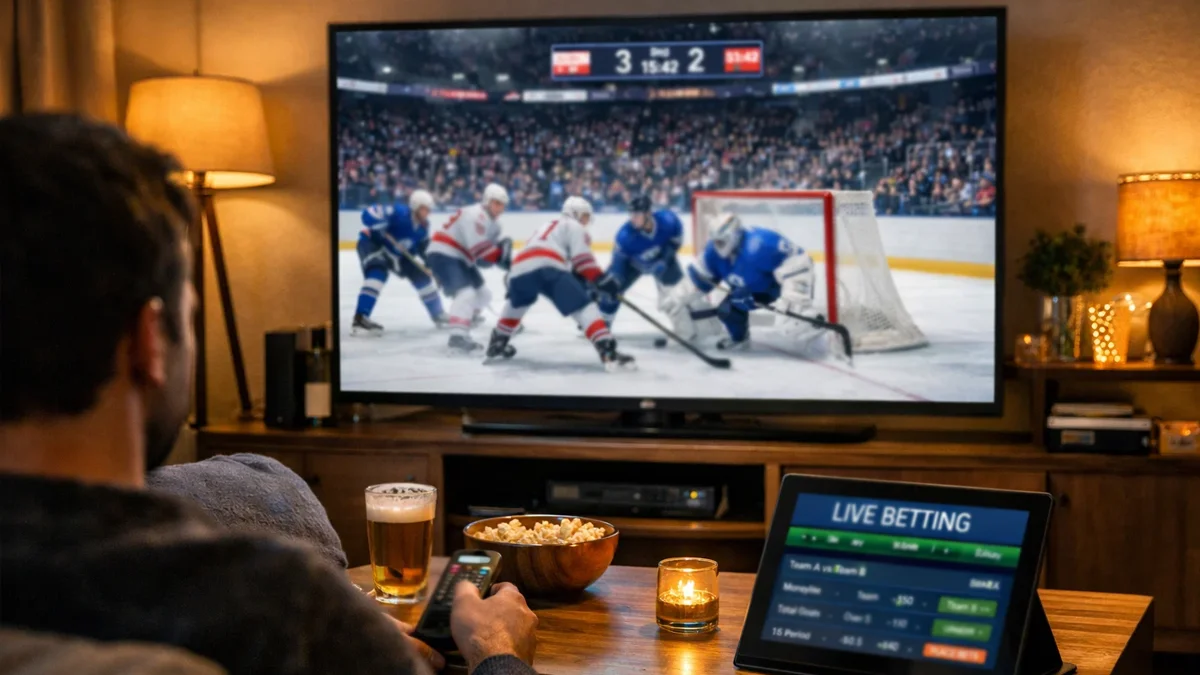 Person verfolgt ein Eishockeyspiel im Livestream auf einem großen Bildschirm