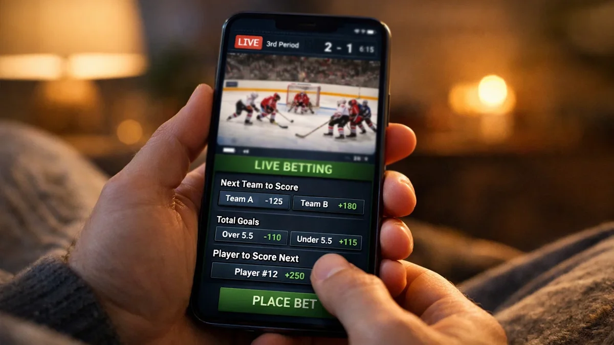 Person verfolgt ein NHL-Spiel auf dem Smartphone und platziert eine Live-Wette