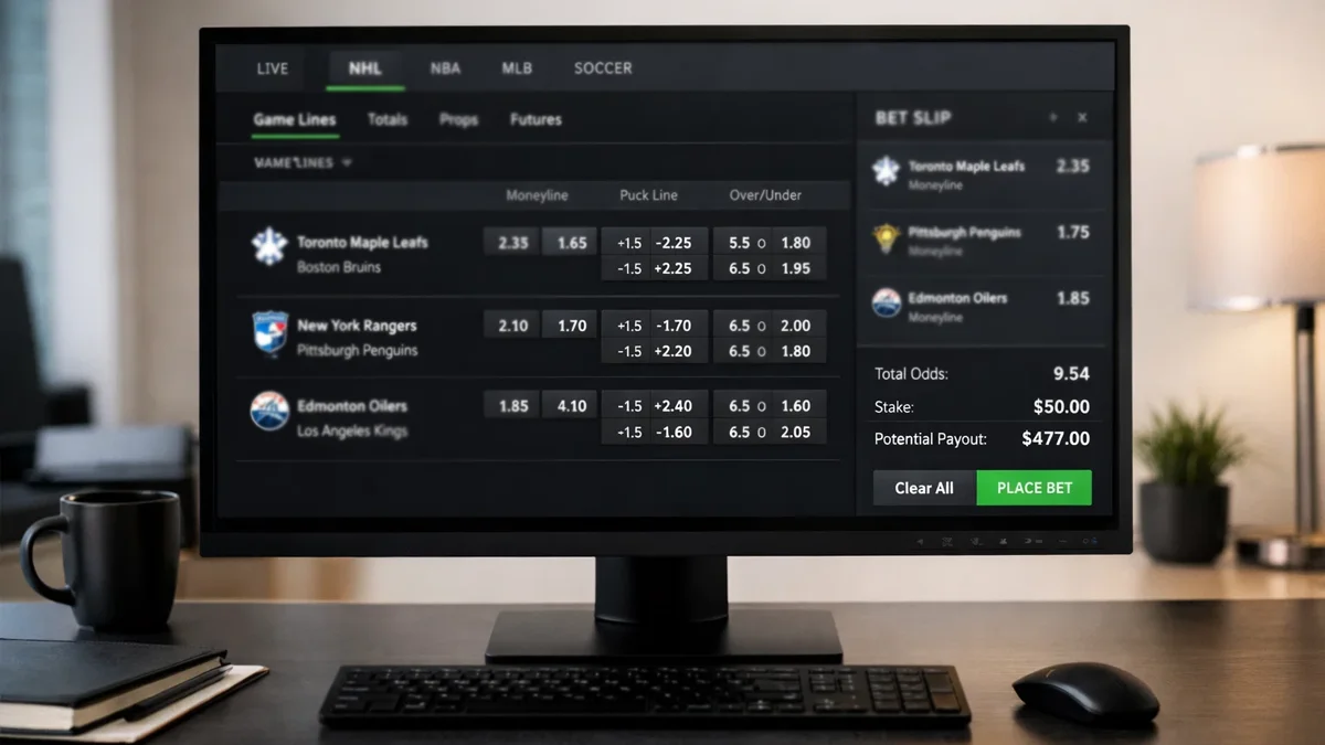 Sportwetten-Interface mit verschiedenen NHL-Wettoptionen auf einem Bildschirm