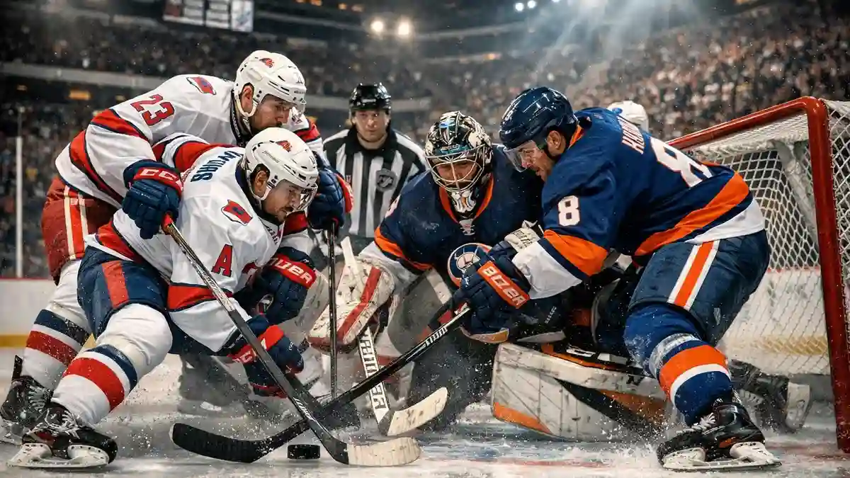 Intensive Playoff-Szene mit Zweikampf vor dem Tor im Eishockey