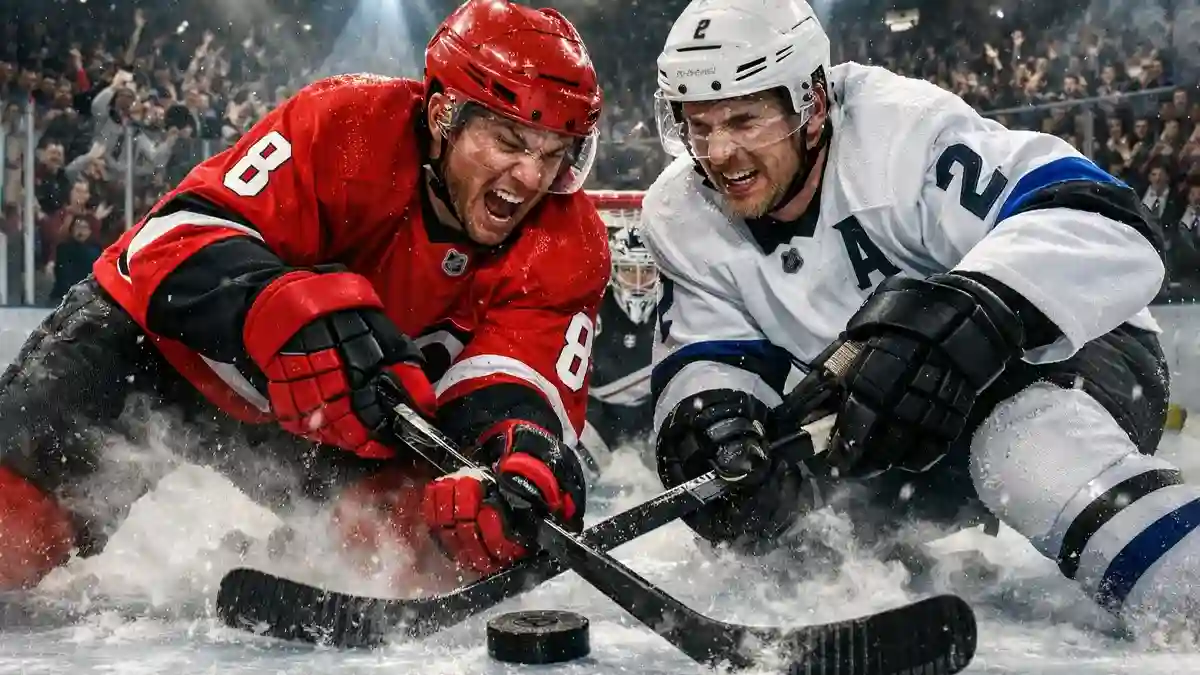 Intensive Playoff-Szene mit Eishockeyspielern im Zweikampf vor einer begeisterten Menschenmenge
