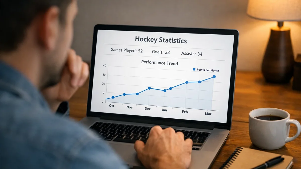 Person analysiert Eishockey-Statistiken auf einem Laptop mit Datenvisualisierung