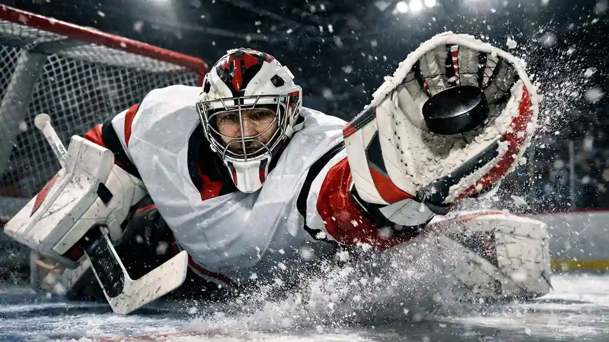 Eishockey-Torhüter in Aktion beim Parieren eines Schusses