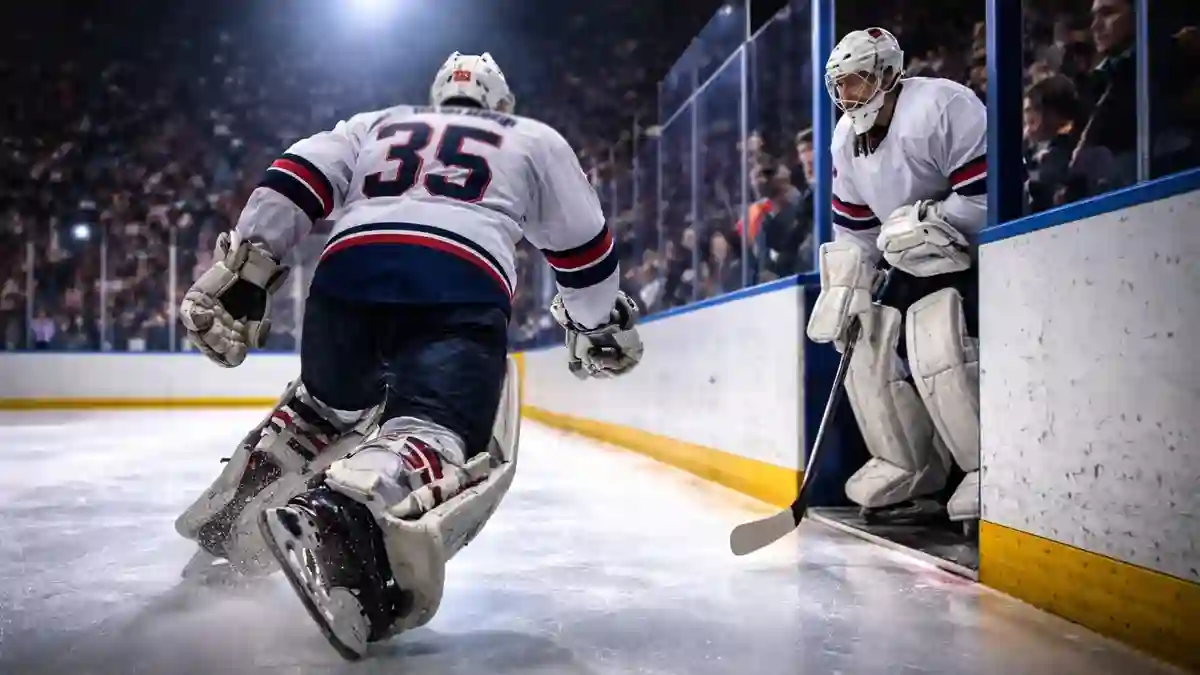 Eishockey-Torhüter auf dem Weg zur Wechselbank während eines Spiels