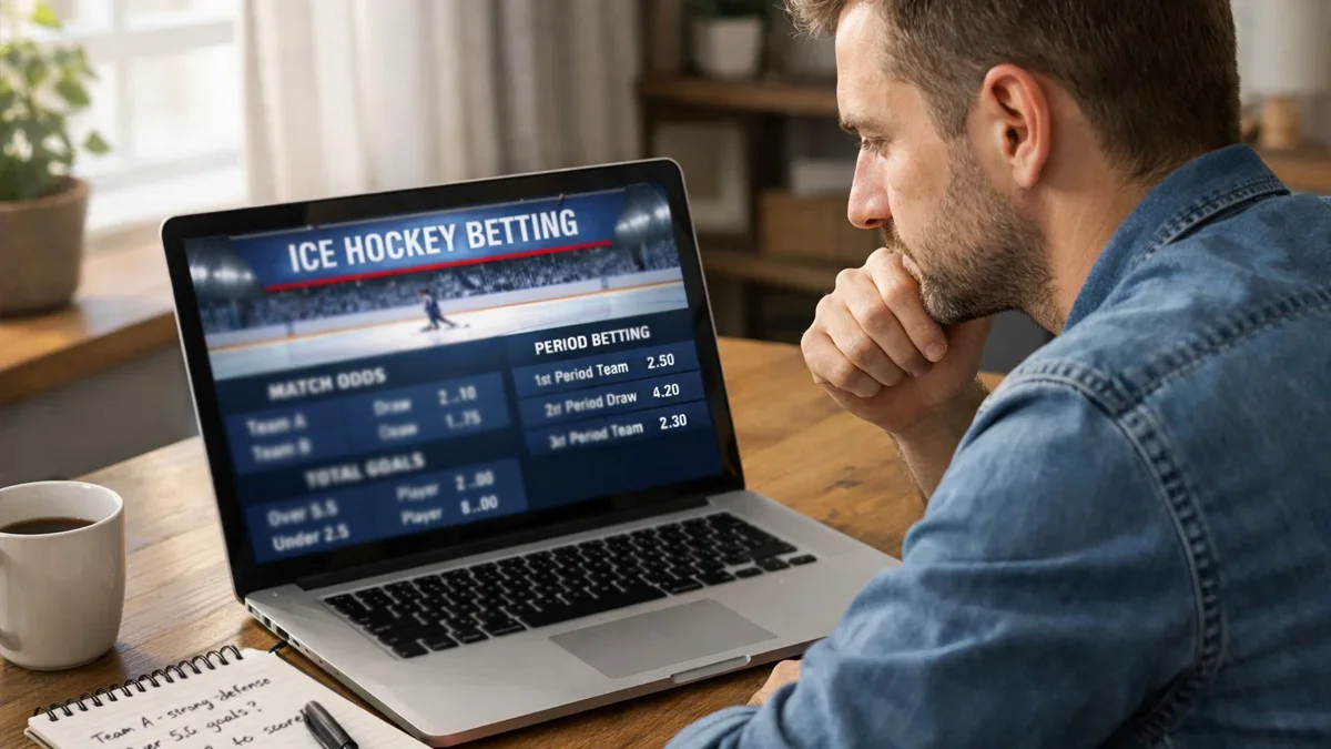 Person analysiert verschiedene Eishockey-Wettoptionen auf einem Laptop