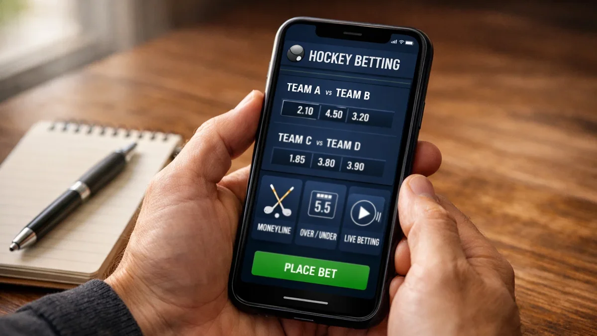 Smartphone mit Sportwetten-App für Eishockey auf einem Schreibtisch